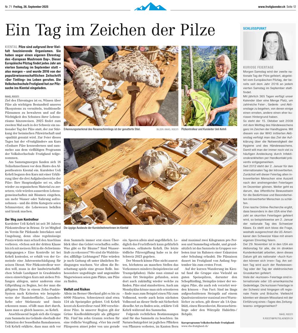 Zeitungsbericht über den Pilzkurs der Volkshochschule Frutigland