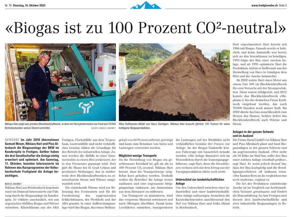 Zeitungsartikel Biogas ist zu 100 Prozent CO2-neutral